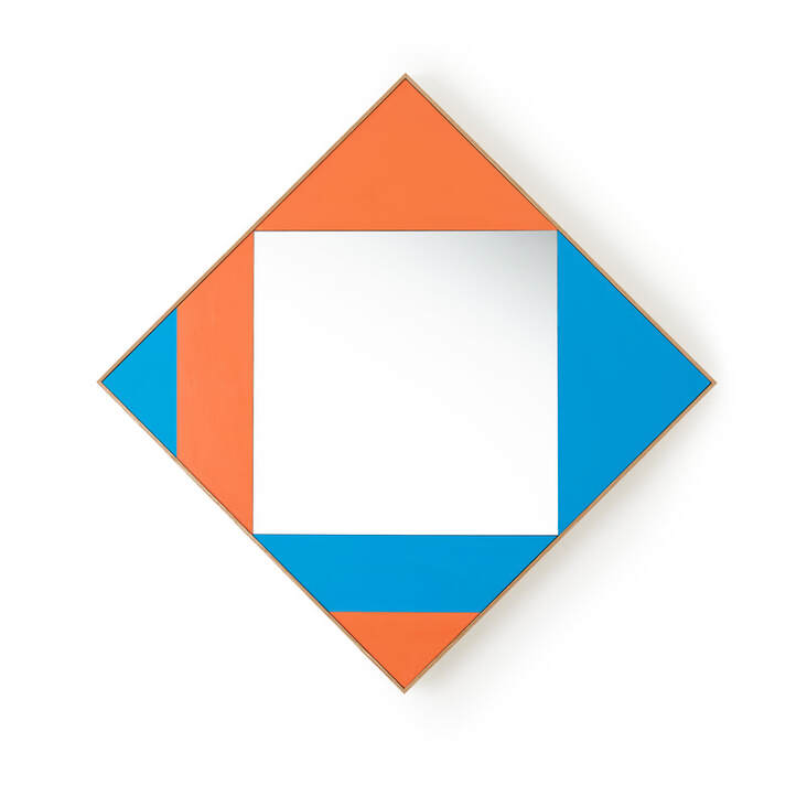 Square statement wall mirror with painted geometric panels in orange and blue