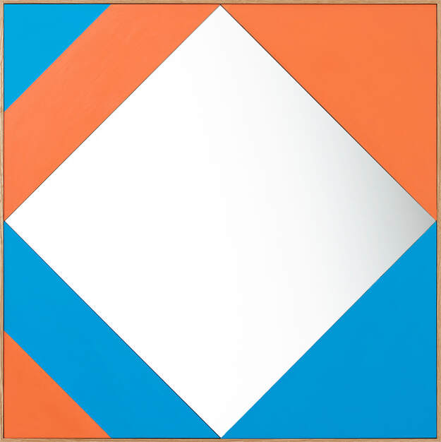 Hand finished square mirror with geometric orange and blue panels