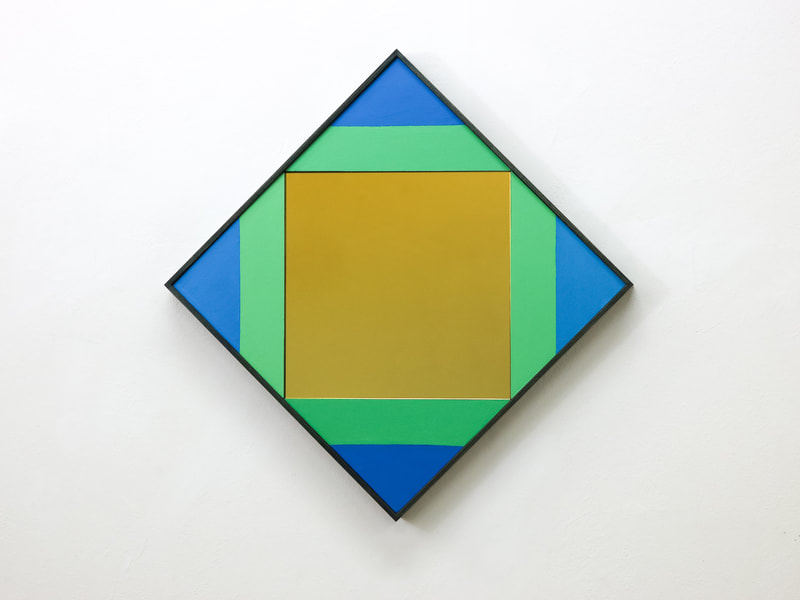 Square hand finished and painted gold mirror with blue and green panels