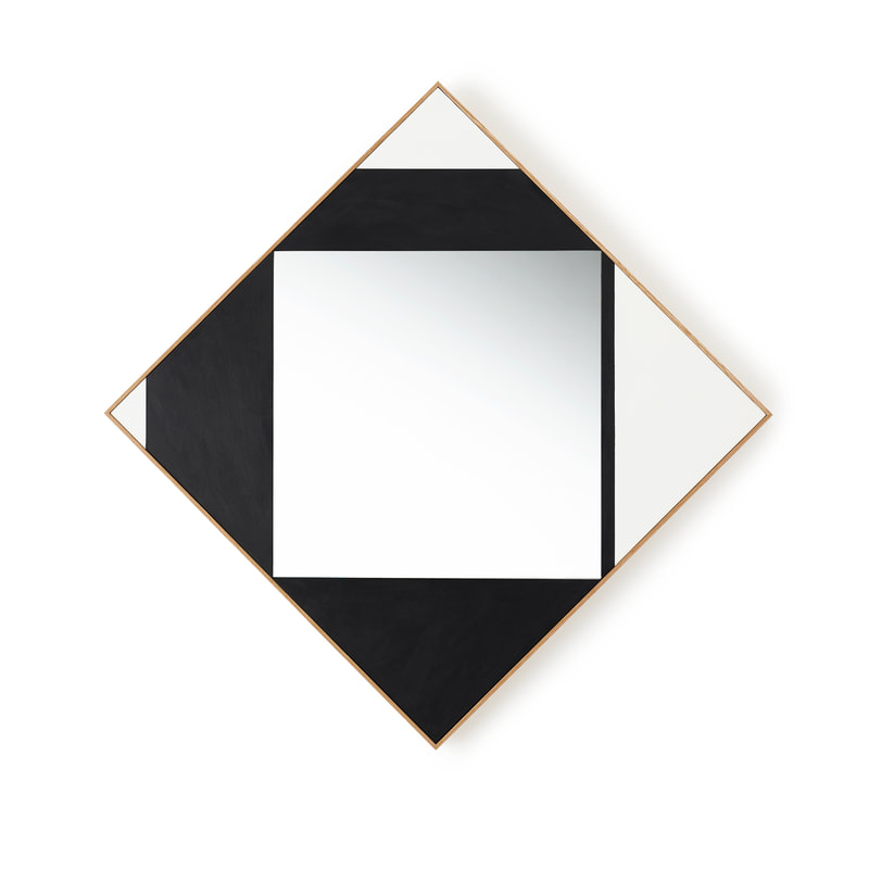 Hand made unique square wall mirror with hand painted panels in black and white