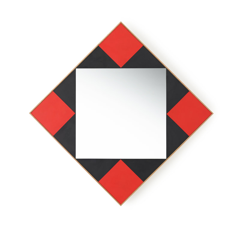 Hand made unique square wall mirror with hand painted panels in black and red